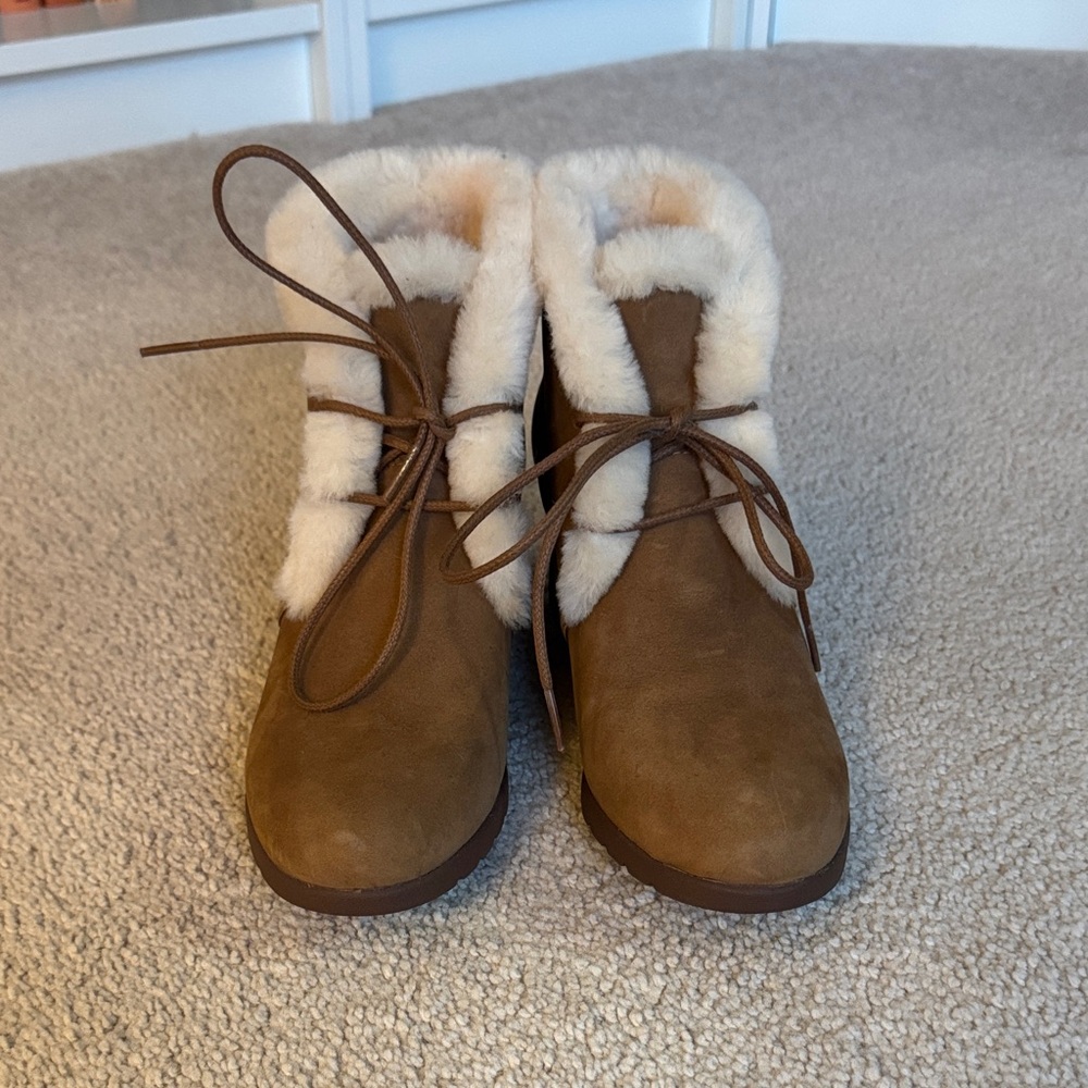UGG Tan Wedge Boots with Cream Fur